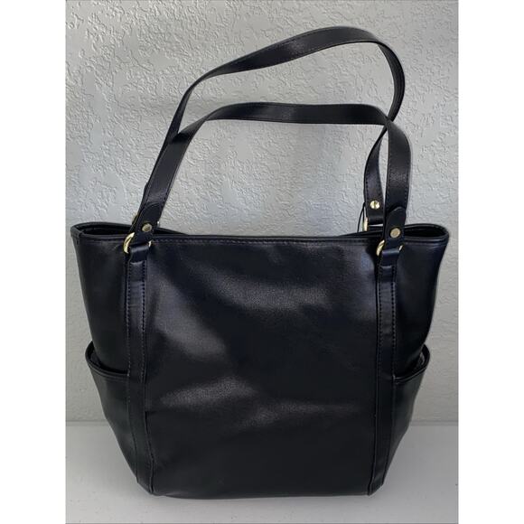 KATE LANDRY Black Faux Leather Large Shoulder Bag Tote Purse Handbag NEW NWT - Picture 3 of 11